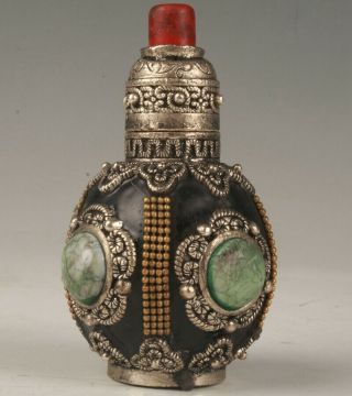 Rare Tibet Silver Jade Snuff Bottle Statue Hand - Made Gift Old Handicraft M