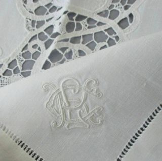 11 Fine French Linen 24 " Napkins W Renaissance Lace,  Hand Embroidered Monogram