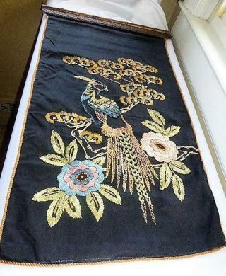 Antique Vintage Silk Hand Embroidery Cockatiel Bird & Flowers Panel Wall Hanging