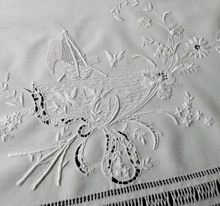 Antique Linen Pillow Layover Whitework Boat Exquisite Embroidery & Needlework