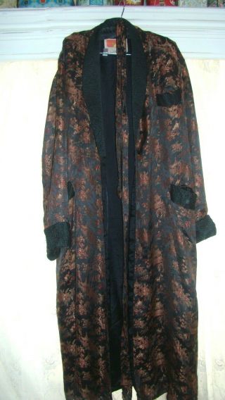 70s Vtg Oriental Black Silk Robe Smoking Jacket Mens Large Hugh Hefner Style