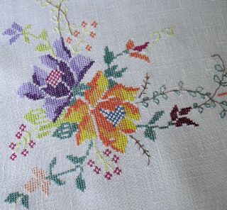 Vintage Hand Embroidered Petit Pt Linen Tablecloth & Napkins 34x33 Gorgeous