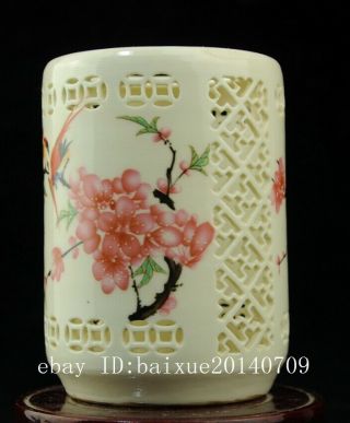 Chinese Old Famille Rose Porcelain Bird &flower Brush Pot /qianlong Mark 57 B01
