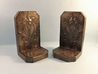 Antique Vintage Art Nouveau Wood And Metal Bookends