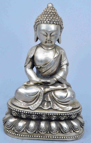 Ancient Collectable Old Miao Silver Carve Gracious Buddha Pray Meditation Statue