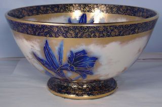 English Adderley Large Footed Flow Blue White Gold Center Bowl 13 "