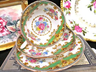 Shelley Tea Cup And Saucer Trio Green Gainsborough Rose Floral Teacup Set