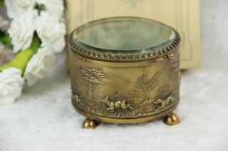 Antique French Trinket Jewelry Copper Hunting Dog Deer Scene Glass Box