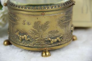Antique French Trinket jewelry copper hunting dog deer scene glass box 4