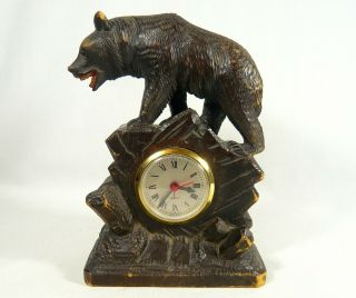 Antique Black Forest Germany Wooden Carved Bear Mantle Desk Clock German