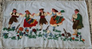 Vintage Handmade Embroidered Picture " Bulgarian Folk Dance Horo " Circa 1940 