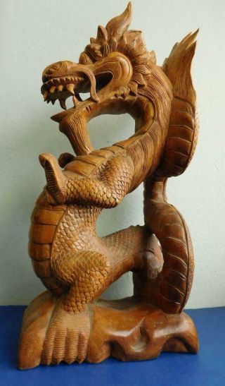 Large Vintage Carved Chinese Wooden Upright Dragon Sculpture 1900s