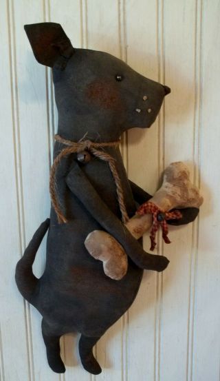 Primitive Grungy Black Lab Labrador Retriever Dog Doll & The Birthday Bone