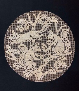 A Large Antique Lace Needlepoint Panel Depicting Squirrels Eating