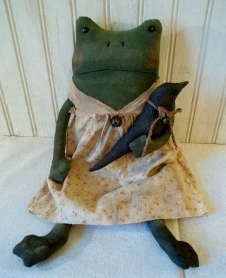 Primitive Grungy Lady Frog Doll & Her Little Crow