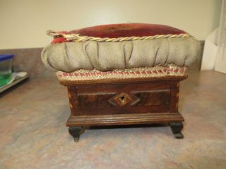Victorian Sewing Box Pin Cushion With Drawer,  Orig Finish Walnut Dovetailed