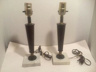 Mid Century Modern Wooden Table Lamps With Marble Base Pair