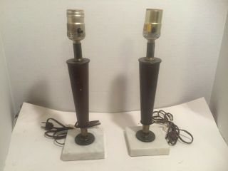 Mid Century Modern Wooden Table Lamps with Marble Base Pair 2
