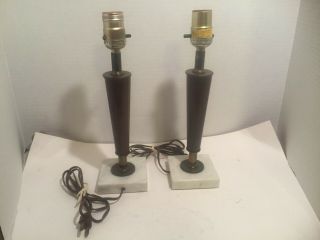 Mid Century Modern Wooden Table Lamps with Marble Base Pair 3