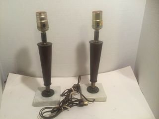 Mid Century Modern Wooden Table Lamps with Marble Base Pair 4