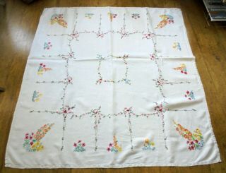 Hand Embroidered Large Linen Tablecloth Hollyhocks & Cottage Garden Flowers