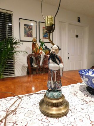 Antique Chinese Famille Rose Figural Lamp On Brass Base 16 " Tall