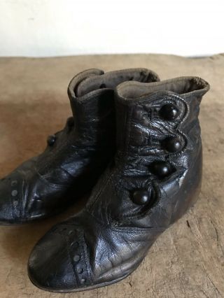 Sweet Early Antique Black Leather Child’s Button Boots Shoes AAFA Textile 2