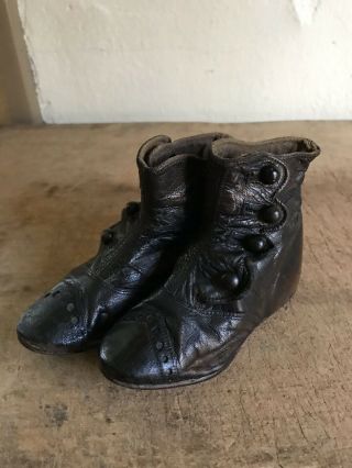 Sweet Early Antique Black Leather Child’s Button Boots Shoes AAFA Textile 3