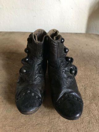 Sweet Early Antique Black Leather Child’s Button Boots Shoes AAFA Textile 5