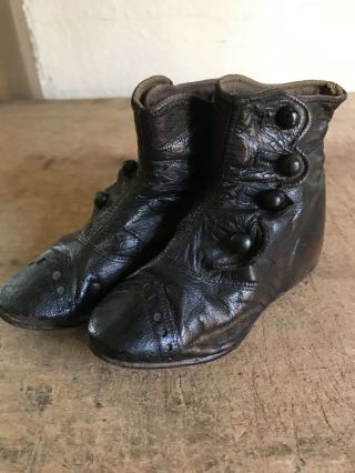 Sweet Early Antique Black Leather Child’s Button Boots Shoes AAFA Textile 6