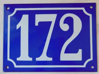 Large Antique French Steel Enamel Door Gate House Plaque Sign Blue Number 172