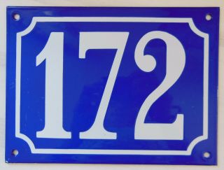 Large ANTIQUE FRENCH STEEL ENAMEL DOOR GATE HOUSE PLAQUE SIGN Blue Number 172 3