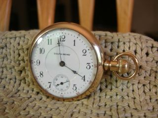 SOUTH BEND 16 SZ MODEL 1 1906 POCKET WATCH DOUBLE SUNK DIAL 20 YR GOLD FILL CASE 2