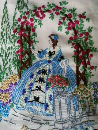 VINTAGE EMBROIDERED CRINOLINE LADY GARDEN PANEL SATIN/RAYON FABRIC REPURPOSING 2