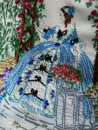 VINTAGE EMBROIDERED CRINOLINE LADY GARDEN PANEL SATIN/RAYON FABRIC REPURPOSING 3