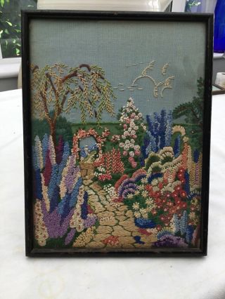 Fab Vintage Needlepoint Tapestry Framed Picture Cottage Scene In Frame