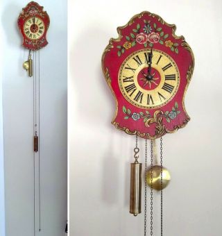 Antique Wall Clock Vintage Brass Weight Driven Red Wood Floral Victorian Style