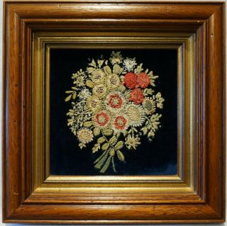 Very Small Late 19th Century Needlework Of A Floral Bouquet - C.  1890