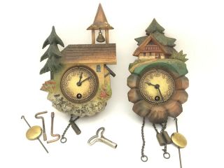 2 Vintage Mini Novelty Clock Black Forest Style Germany Key Pendulums