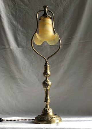 Antique French " Harp " Table Lamp With Pate De Verre Shade Signed Vianne