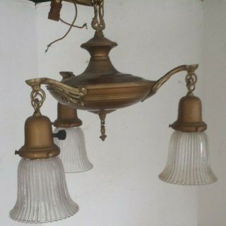 Antique Victorian Brass 3 Arm Pan Style Hanging Lights W Glass Shades