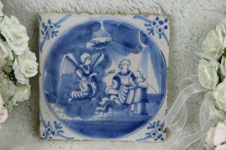 Antique 18thc Delft Pottery Tile Ceramic Bible Religious Scene