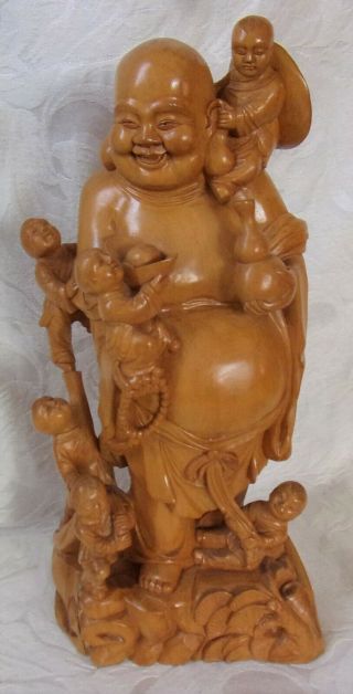 Vintage Antique Hand Carved Chinese Buddha Statue Climbing Children 14 " 4.  4 Lbs