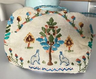 Antique Vintage Hand Embroidered Silk Floral Garden Rabbits Linen Tea Cozy
