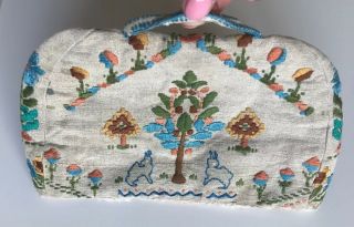 Antique Vintage Hand Embroidered Silk Floral Garden Rabbits Linen Tea Cozy 2