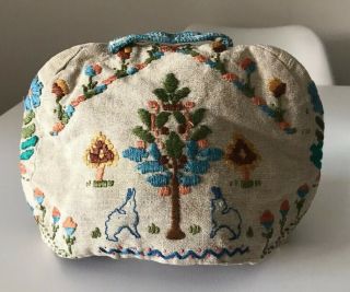 Antique Vintage Hand Embroidered Silk Floral Garden Rabbits Linen Tea Cozy 7
