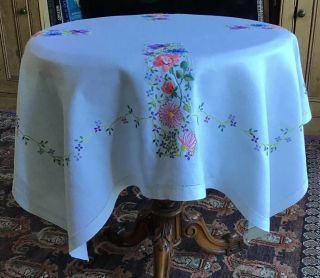 Vintage Colourful Hand Embroidered Irish Linen Floral Design Tablecloth