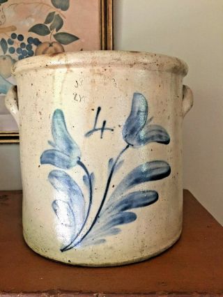 Antique Stoneware 4 Gallon Crock J Fisher Lyons York Cobalt Tulips