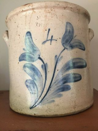 Antique Stoneware 4 Gallon Crock J Fisher Lyons York Cobalt Tulips 8