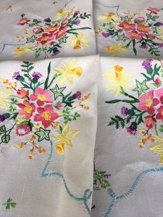 Gorgeous Vintage Linen Hand Embroidered Tablecloth Royal Households Flowers